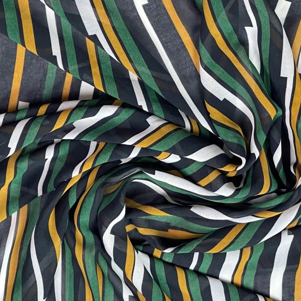 Striped Green, Yellow, and White Multicolor Poly Print Chiffon Georgette Fabric